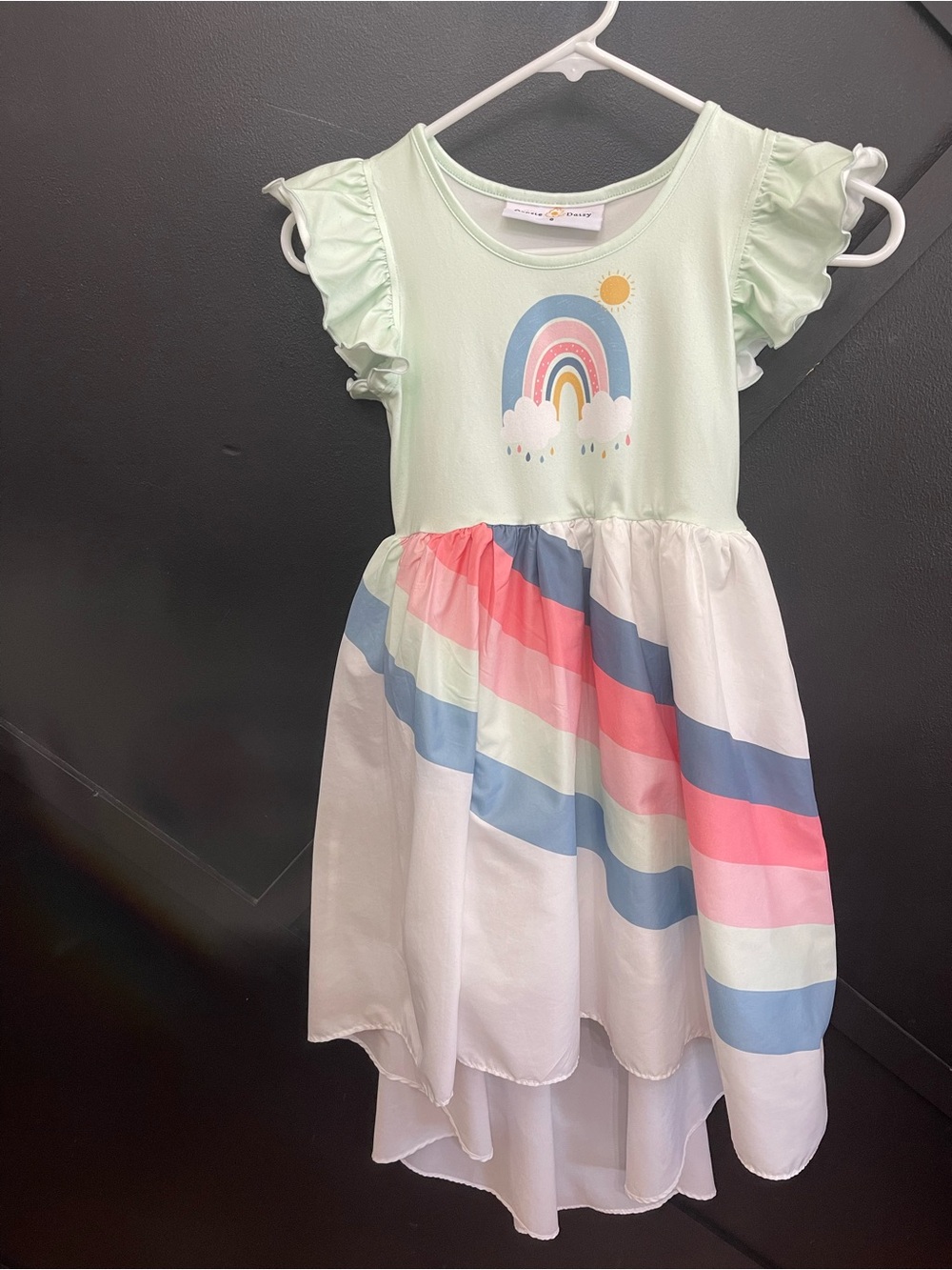 Oopsie Daisy Girls Mint Green Rainbow Flutter-Sleeve High-Low Rainbow Dress